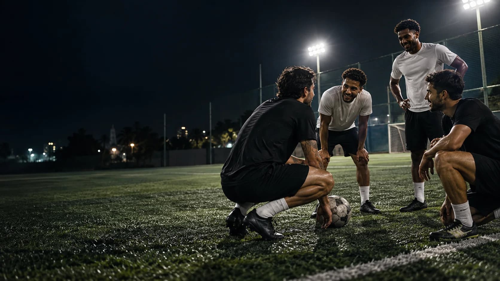 Amigos reunidos no campo antes de uma pelada noturna