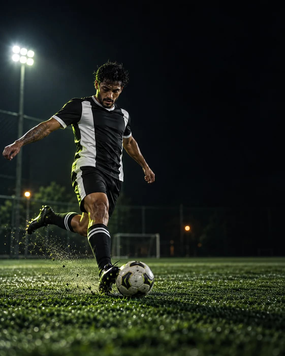 Jogador chuta a bola em um campo society à noite