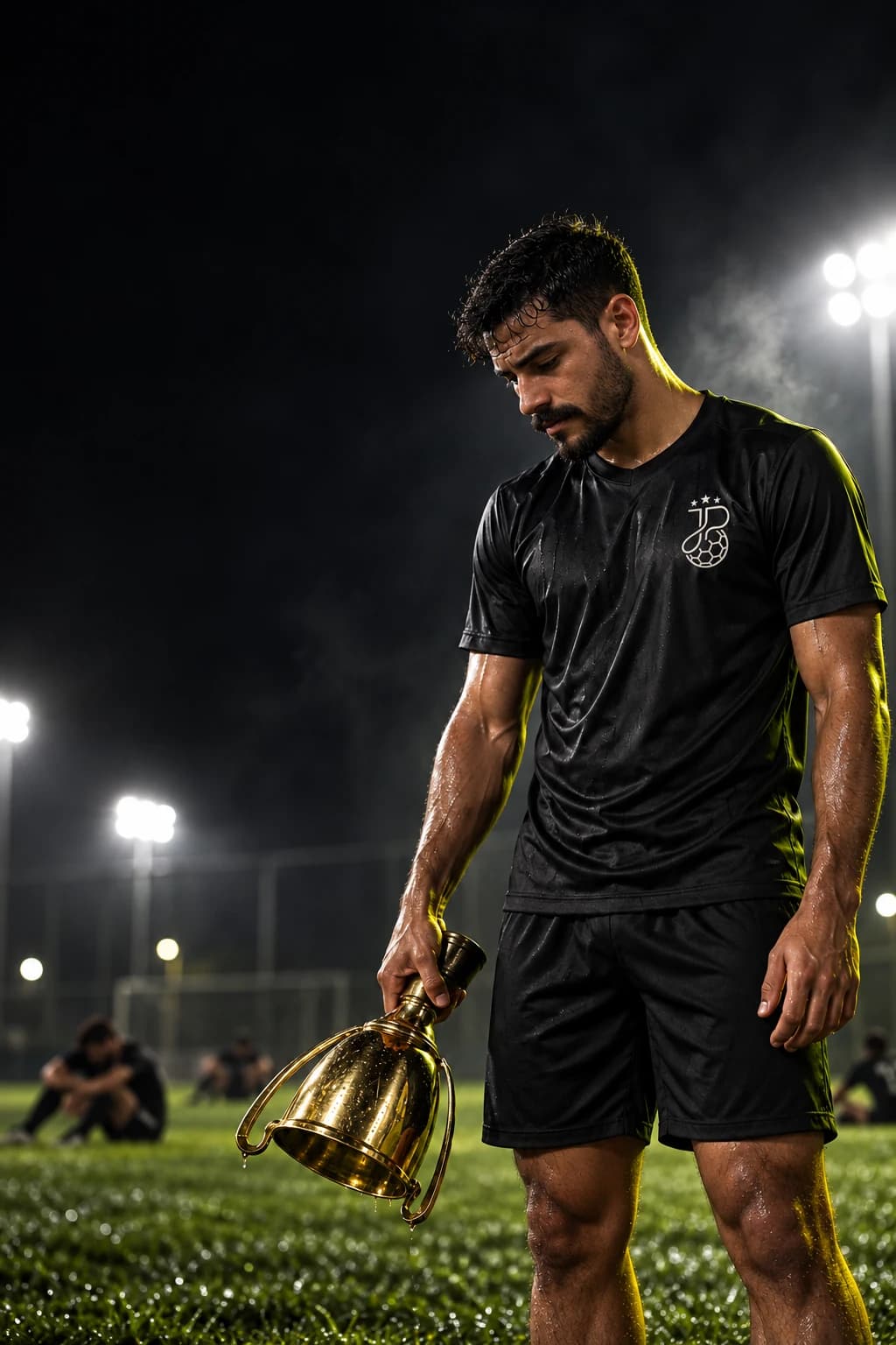 Atleta exausto após a partida segurando um troféu dourado de cabeça para baixo